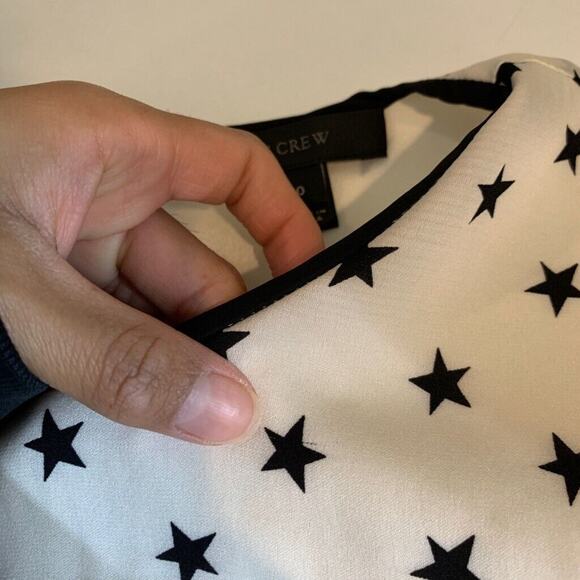 J Crew Blouse Womens 0 White Black Silk Blend Ruffle Star Print Keyhole Back Top - Picture 11 of 14